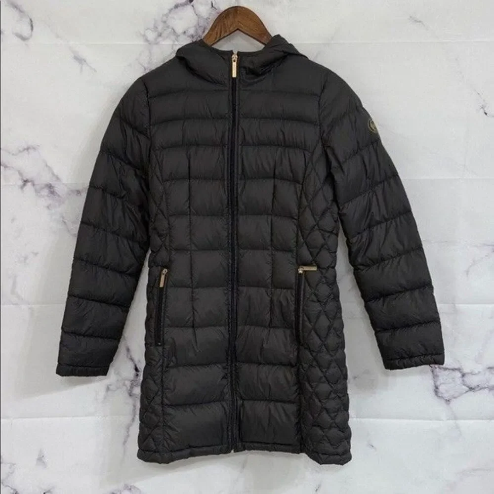 Michael Kors Women's Quilted Packable Down Jacket Black Hooded Puffer Sz Small